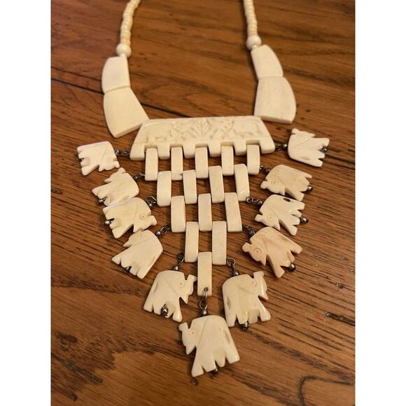 Vintage Bone Necklace 21" Statement Bib Elephant Design 5" Drop - Picture 6 of 7